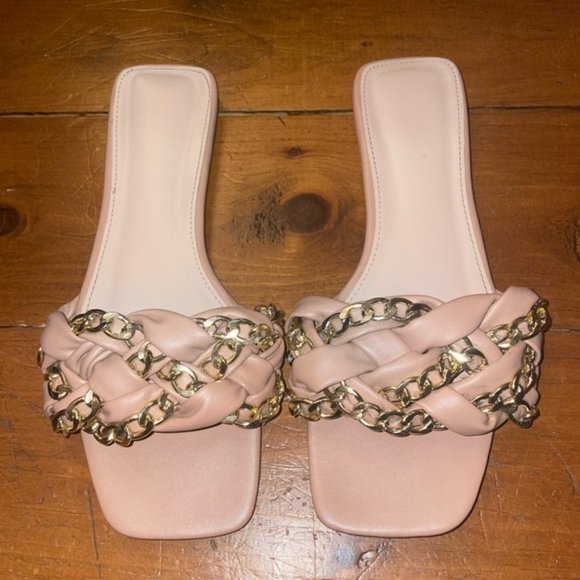 Nude Gold Chain Quilted Braided Slip On Sandals Flats Shoes - Picture 2 of 9